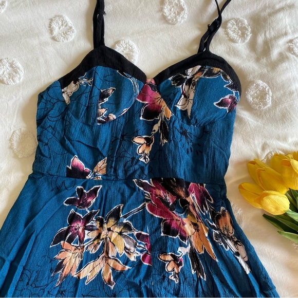 Blue/Turquoise floral summer dress with asymmetrical hemline, size small - Picture 1 of 10